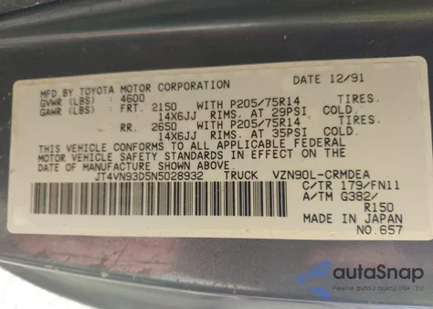 1992 Toyota Pickup 1/2 Ton Ex Lng Whlbse Dlx from USA, damaged, VIN JT4VN93D5N5028932